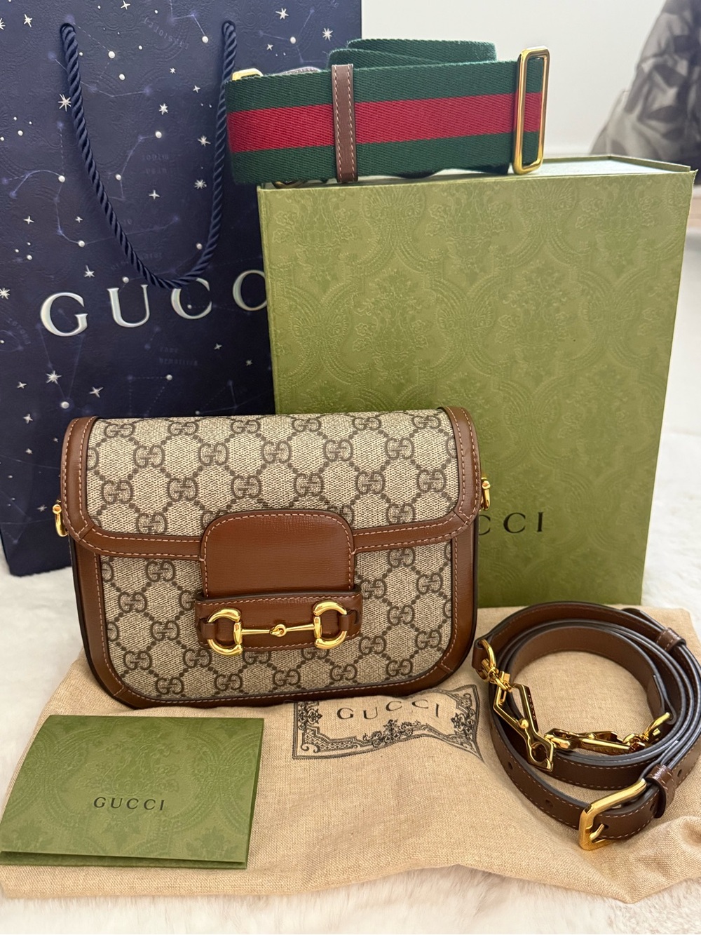 Gucci Beige GG Canvas Brown Leather Horsebit Crossbody Bag with Green-Red Strap